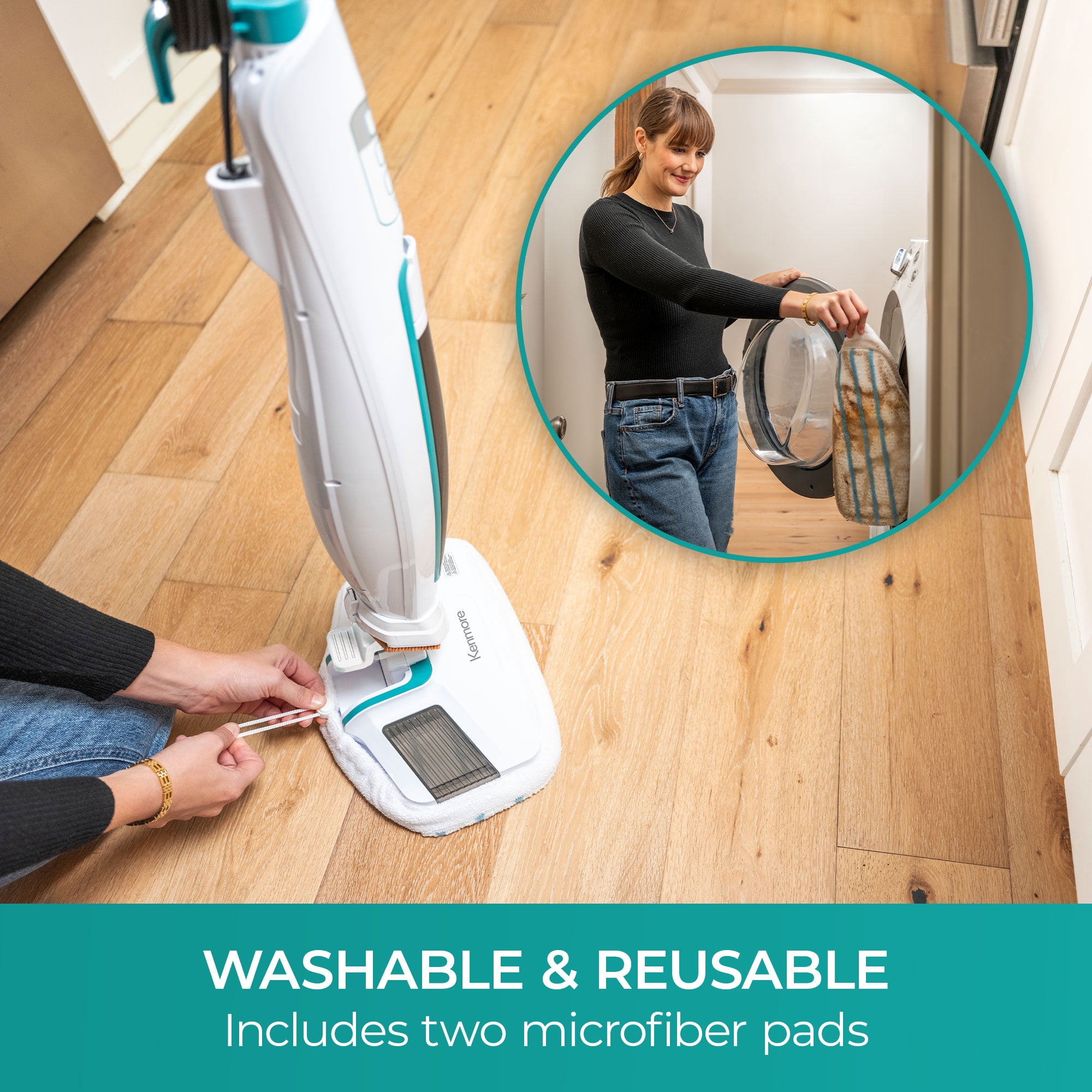 Kenmore S200 Series Steam Mop, Corded, for Hardwoods & Tile, Chemical Free Cleaning, Built-In Scrub Brush, 15 Second Heat Up, SM2060, White with Teal