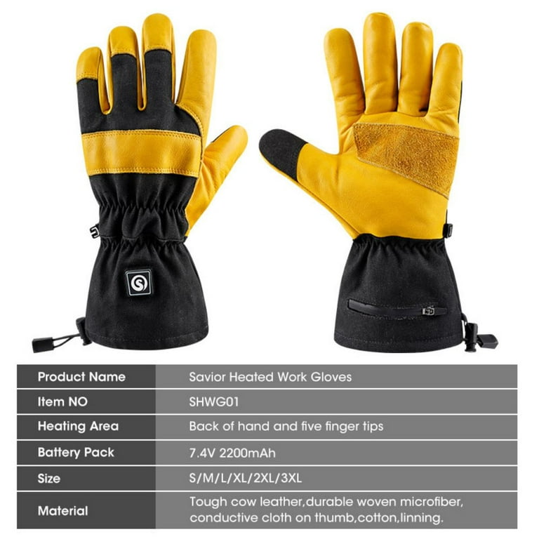 Savior Heat Electric Battery Heated Men's Work Snow Gloves - Size S to  3XL,Color Yellow
