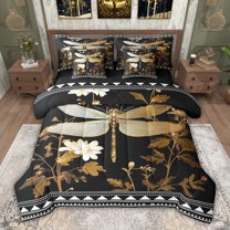 jejeloiu Retro Plant Flowers 7-Piece Bedding Comforter Set,Bohemian Gold Dragonfly King Bedding Sets For Men Women Reversible