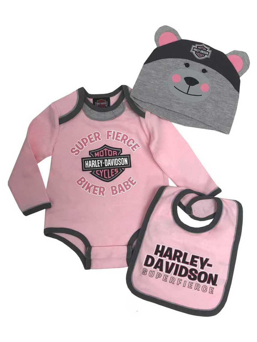 Harley-Davidson Infant Newborn Girls 3 Piece Set Biker Beauty Creeper Bib & Hat