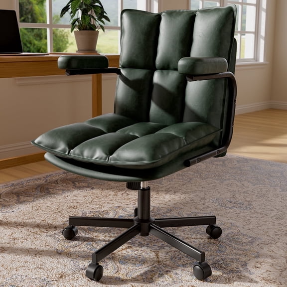 Genpo Green Office Chair, Mid Century Modern Desk Chairs with Arms, Thickend Back and Seat, Adjustable Height, Wheels, Vintage Leather Computer Chair for Home, Office