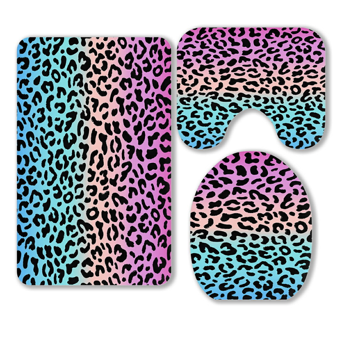 ECZJNT Gradient Pink And Blue Leopard Pattern 3 Piece Bathroom Rugs Set Bath Rug Contour Mat and