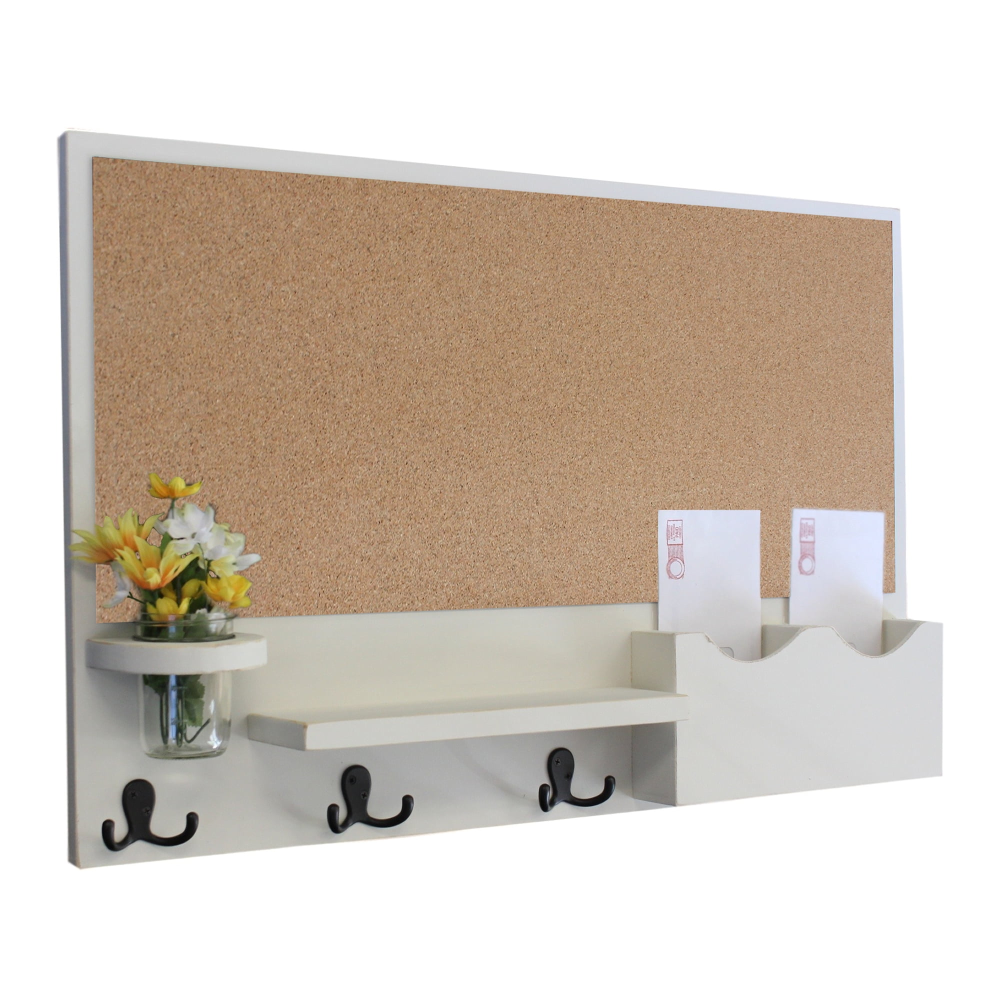 Mail Organizer with Cork board, Coat Hooks & Mason Jar