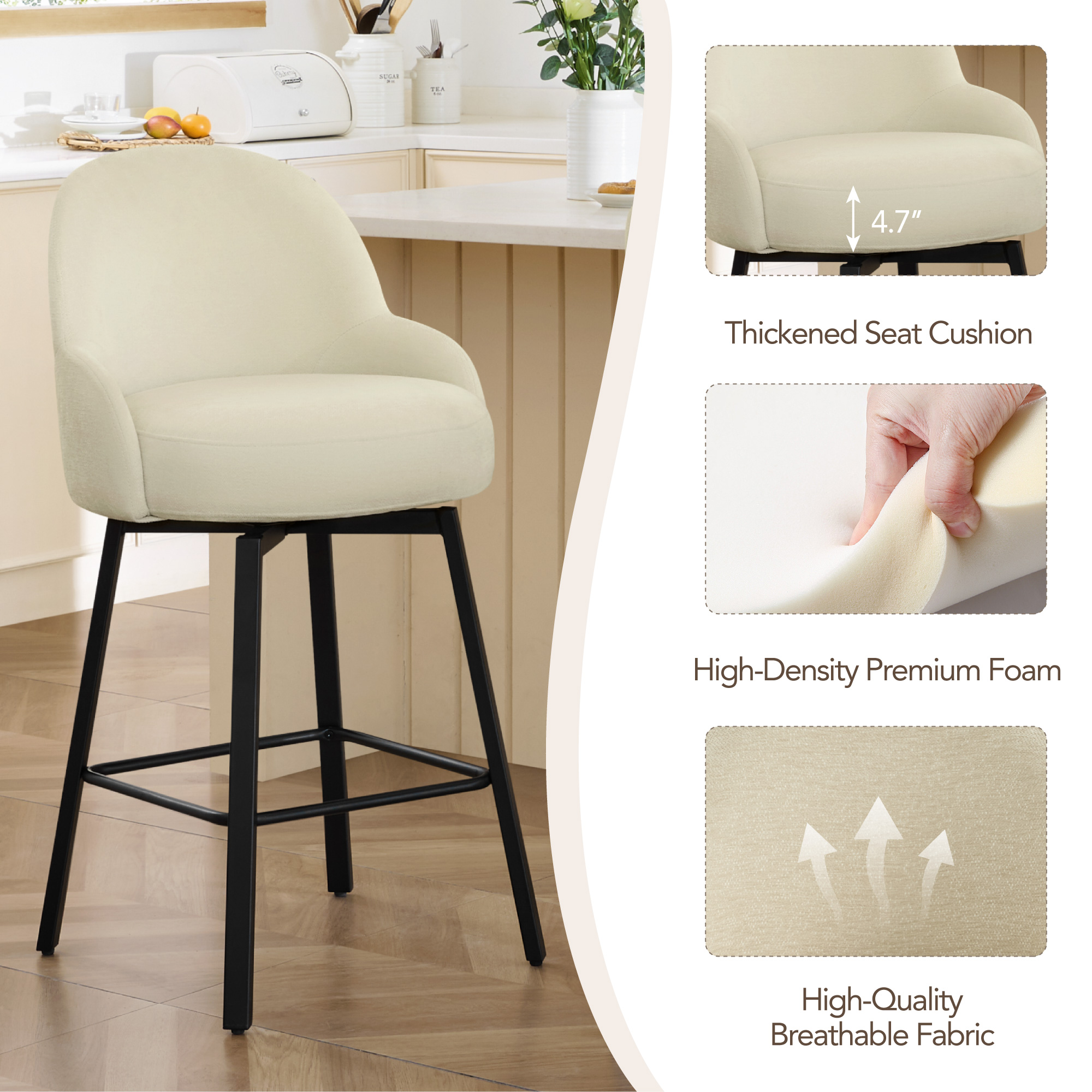 Spruce & Spring Counter Height Swivel Bar Stool with Upholstered Seat and Footrest Set of 2, Beige
