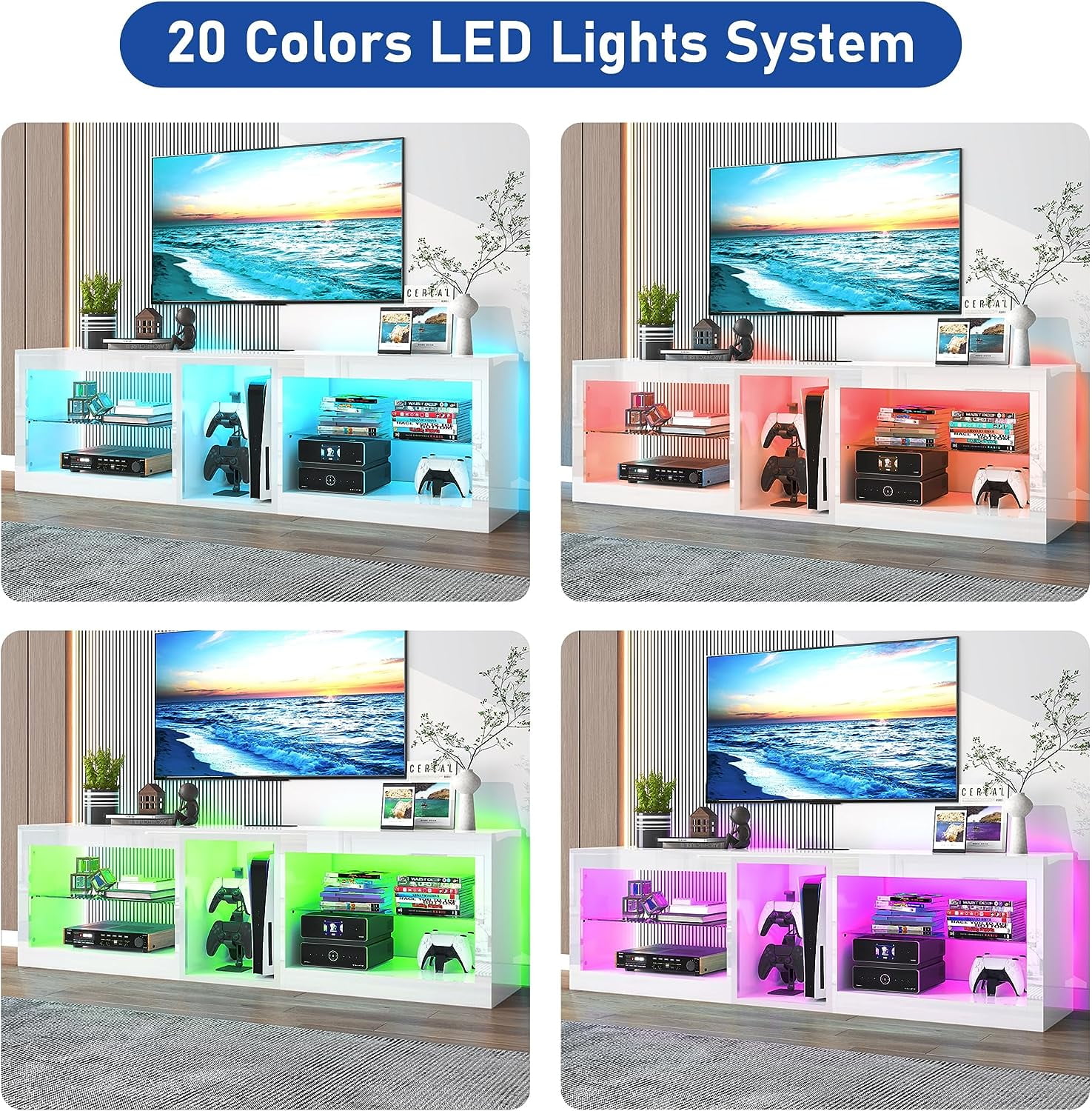 ChVans Modern LED TV Stand for TVs up to 70" with Adjustable LED Lights/Outlet, High Gloss Entertainment Center with Open Shelves Storage, Media Console TV Stands for Living Room, Game room, Bedroom