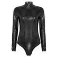thumbnail image 4 of YONGHS Women's Shiny Metallic Long Sleeve Leotards Faux Leather Turtleneck Bodysuit Dance Costume Black S, 4 of 7