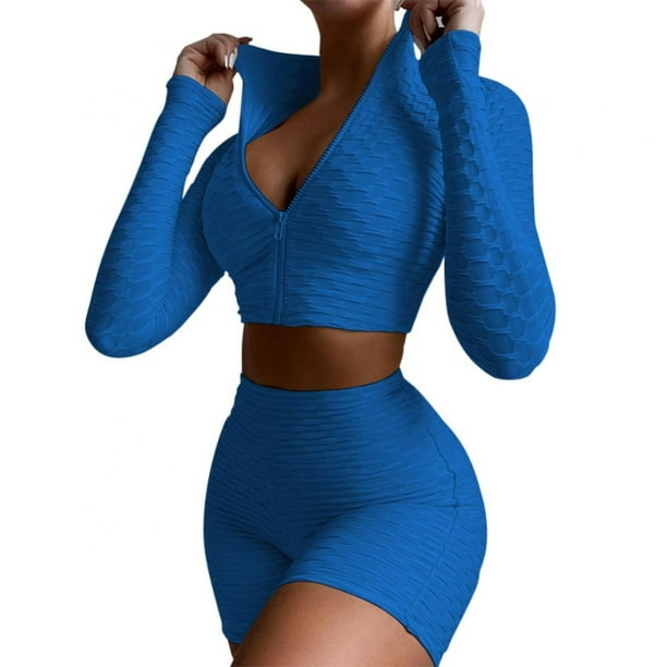 Workout 2 Piece Outfits for Women, Sport Long Sleeve Crop Tops and High  Waist Bodycon Yoga Shorts Set Tracksuit - Walmart.com