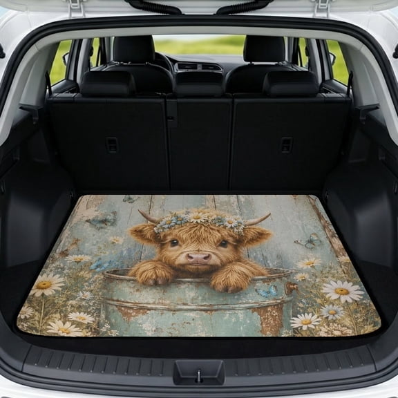 COEQINE Universal Car Boot Mat All Weather Cargo Liner Floor Mat with Non-Slip Backing Scratch-proof Pet Cargo Mat Suitable for Most Car Models, Highland Cow Daisy Wood Grain