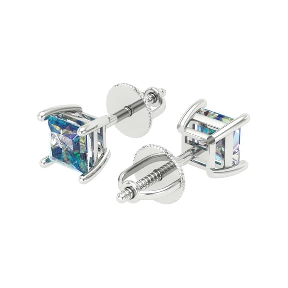 0.5 Ct Princess Cut Studs Blue Moissanite 18K White Solid Solid Gold Everyday Dainty Earrings Screw Back