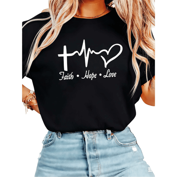 UNISHE Women's Faith Hope Love Cross Heartbeat Christian Graphic Short Sleeve T-Shirt Casual Cotton Crewneck Top Black S-5XL