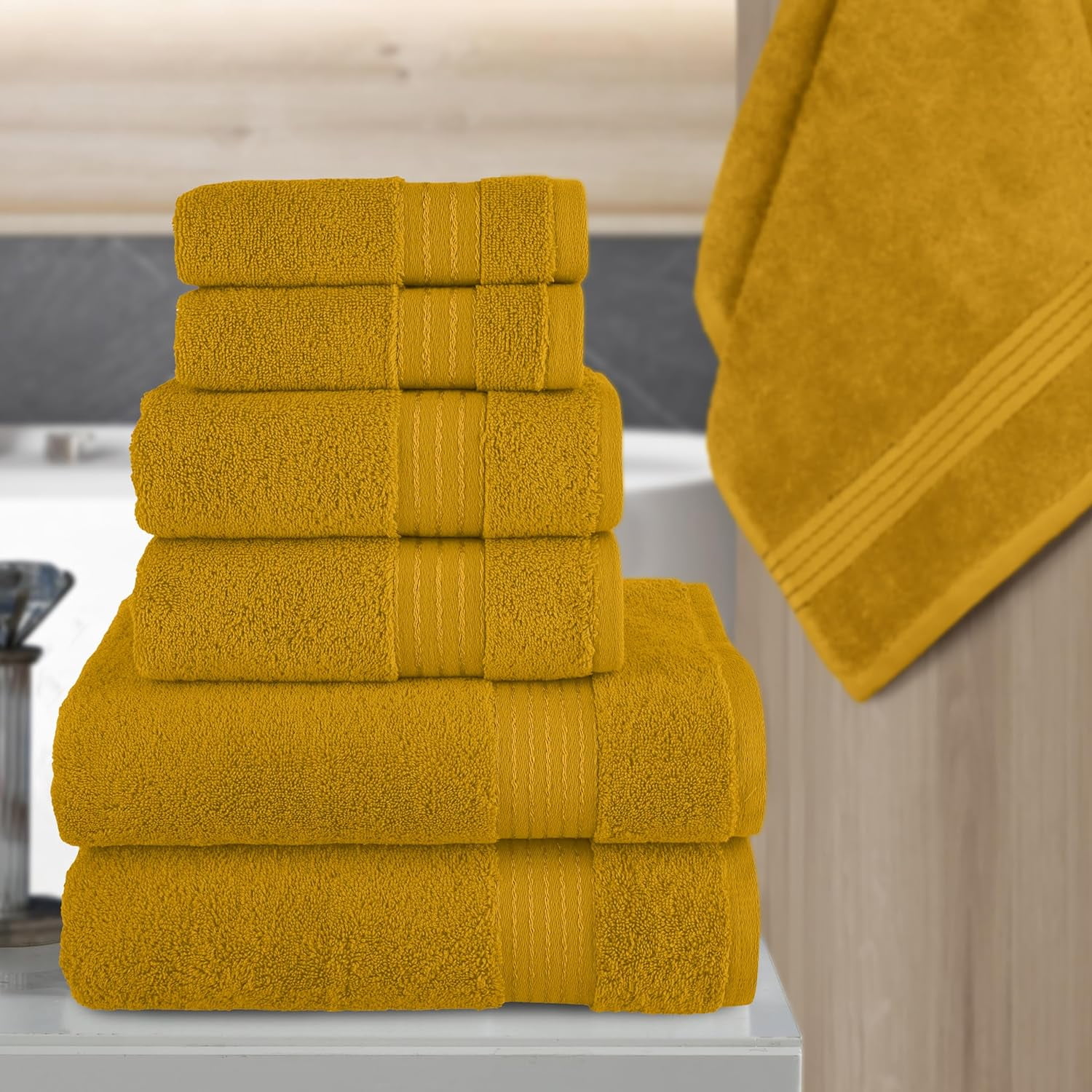Elegant Comfort Cotton 6-Piece Towel Set, Includes 2 Washcloths, 2 Hand Towels and 2 Bath Towels, 100% Turkish Cotton - Highly Absorbent and Super Soft Towels for Bathroom, Gold