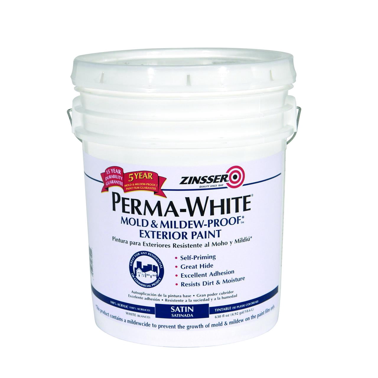 White, Zinsser Perma-White Satin Exterior Mold & Mildew Proof Paint- 5 Gallon, 1 per Case