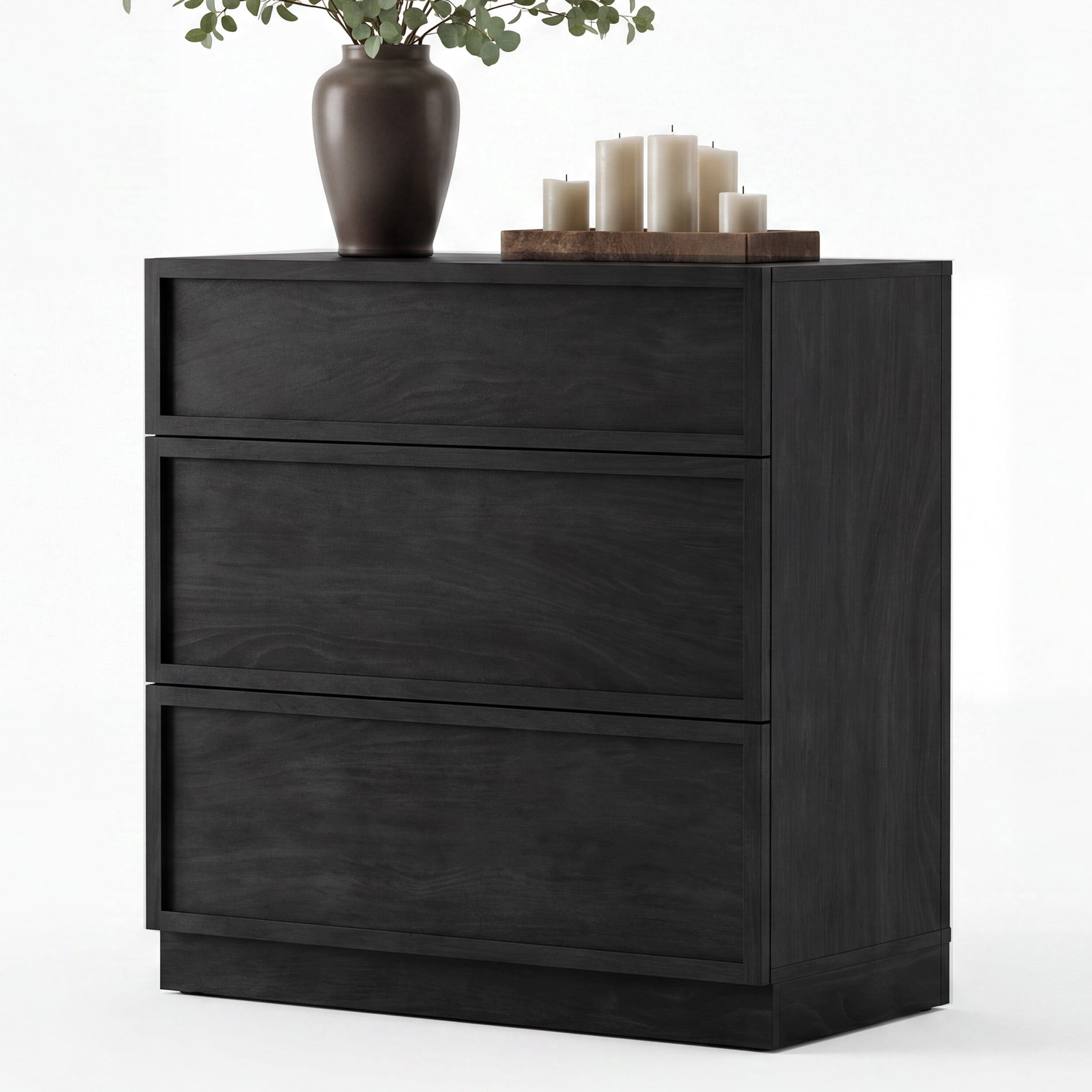 Modern 3-Drawer Wood Dresser, Handle-Free Push-Press Storage Chest with Solid Floor Base, Minimalist Storage Cabinet for Bedroom Living Room, Black
