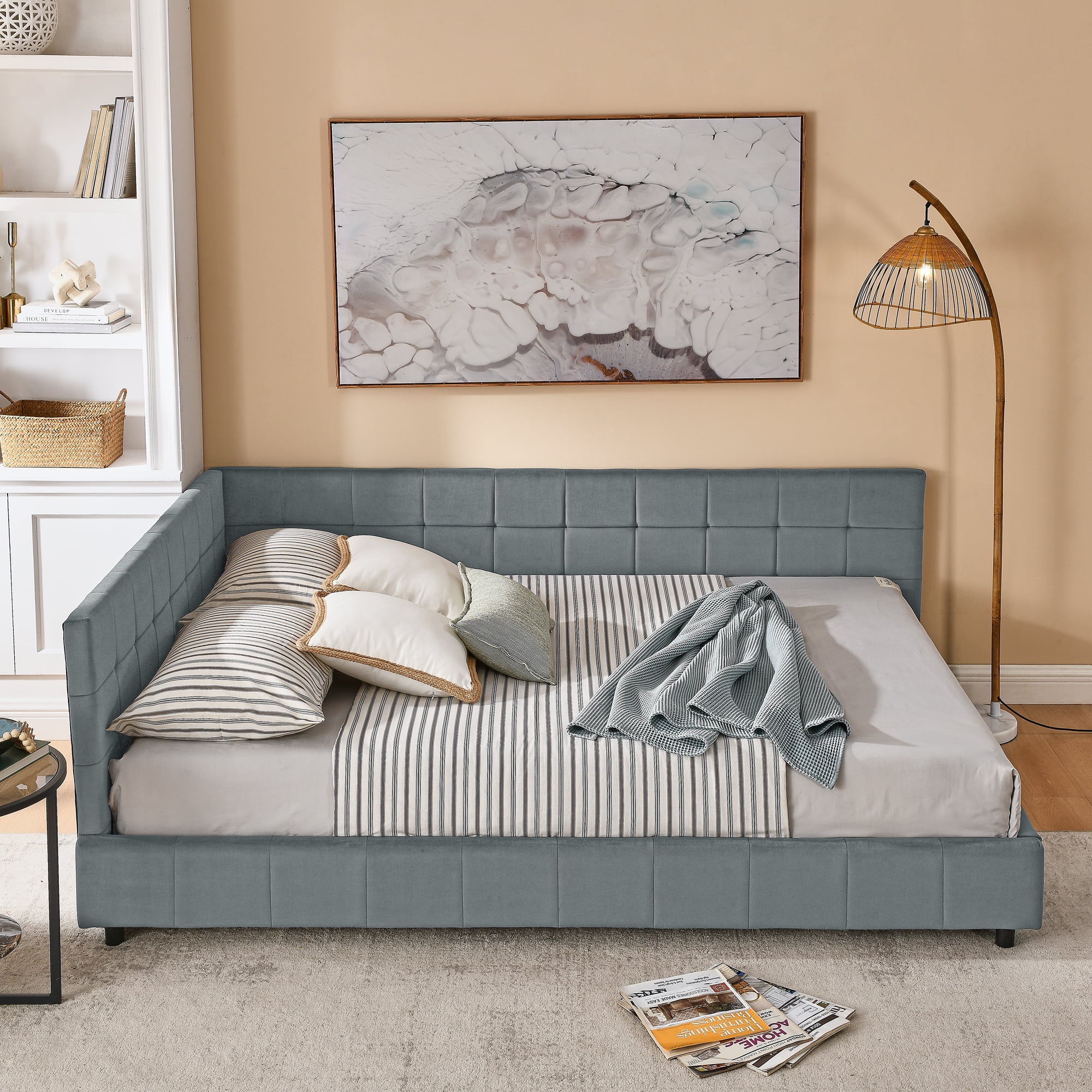 Ffz Queen Size Upholstered Tufted Bed Frame, Sofa Bed Frame With Comfortable Backrest And Armrests, Queen Size Bed For Bedroom, Living Room,Velvet