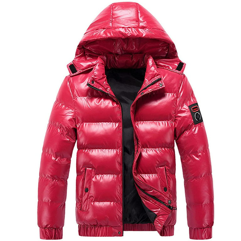 YYDGH Reduced Winter Warm Men Puffer Coat with Hood,Shiny Hooded Reflective  Padded Coat Plus Size Down Jacket Red 3XL