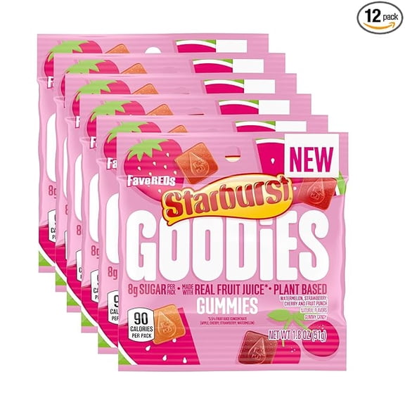 Starburst Goodies Fave Red MEGA VALUE PACK – 12 Count × 1.8 oz Bags – Real Fruit Juice Plant-Based Gummies for Parties & Sharing