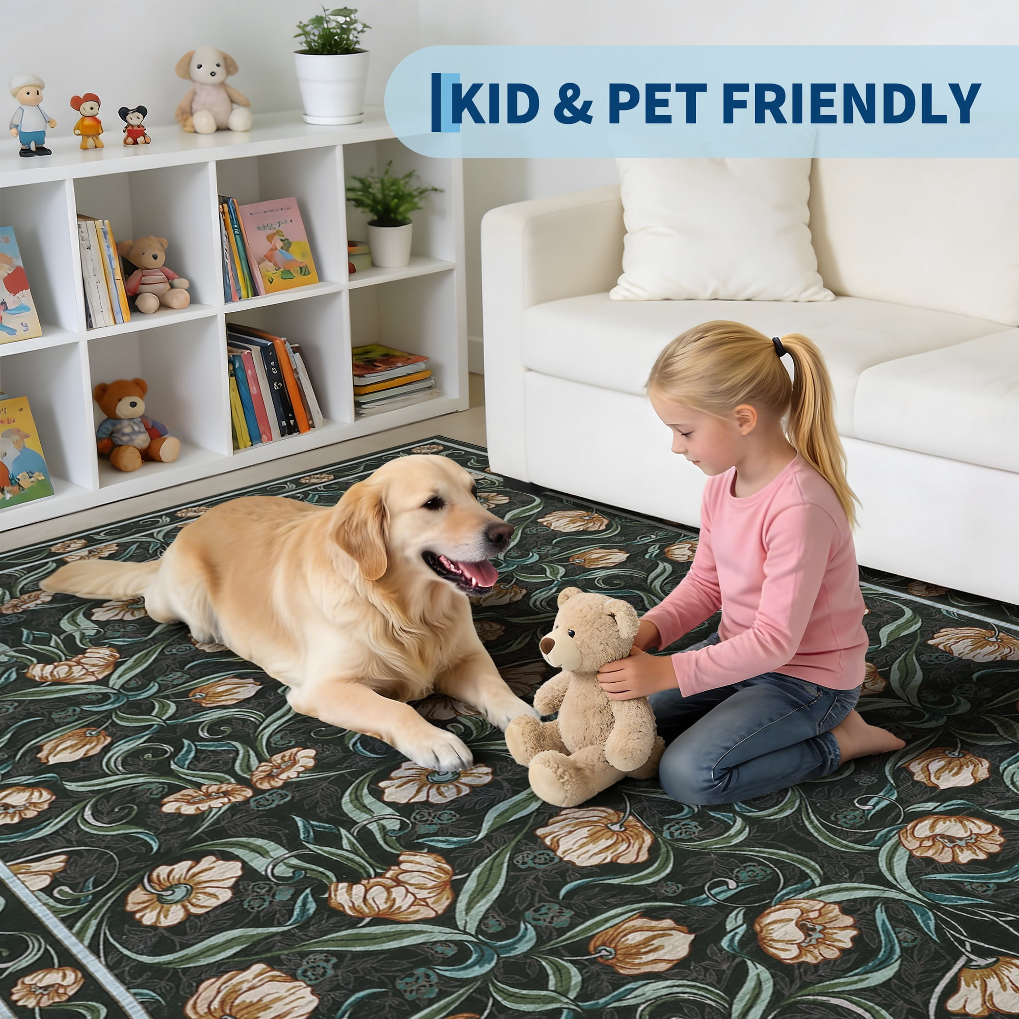 Memoryfield Modern Floral Area Rug 8' x 10', Washable Floor Cover, Soft Low-Pile Non-Slip Carpet, for Living Room Bedroom Dining Room, Black