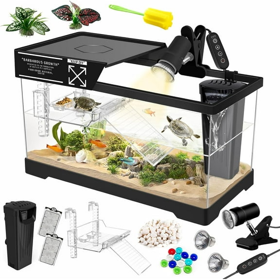 Aquatic Turtle Tank Kit Lamp Filter, Upgrade PC Turtle Tank Starter Kit with Adjustable Lamp & Filter,Reptile Habitat with Lid,Hanging Platform for Small Reptiles.(15.75×7.9×9''/Black Kit)