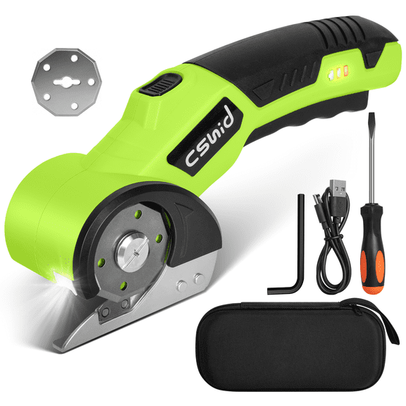 Cshidworld Cordless Electric Scissors, 4V Rechargeable Cardboard Cutter Tool with a Replacement Blade and Storage Box, Safety Lock & LED Light for Cardboard Box,Thin Carpet & Plastic, Green