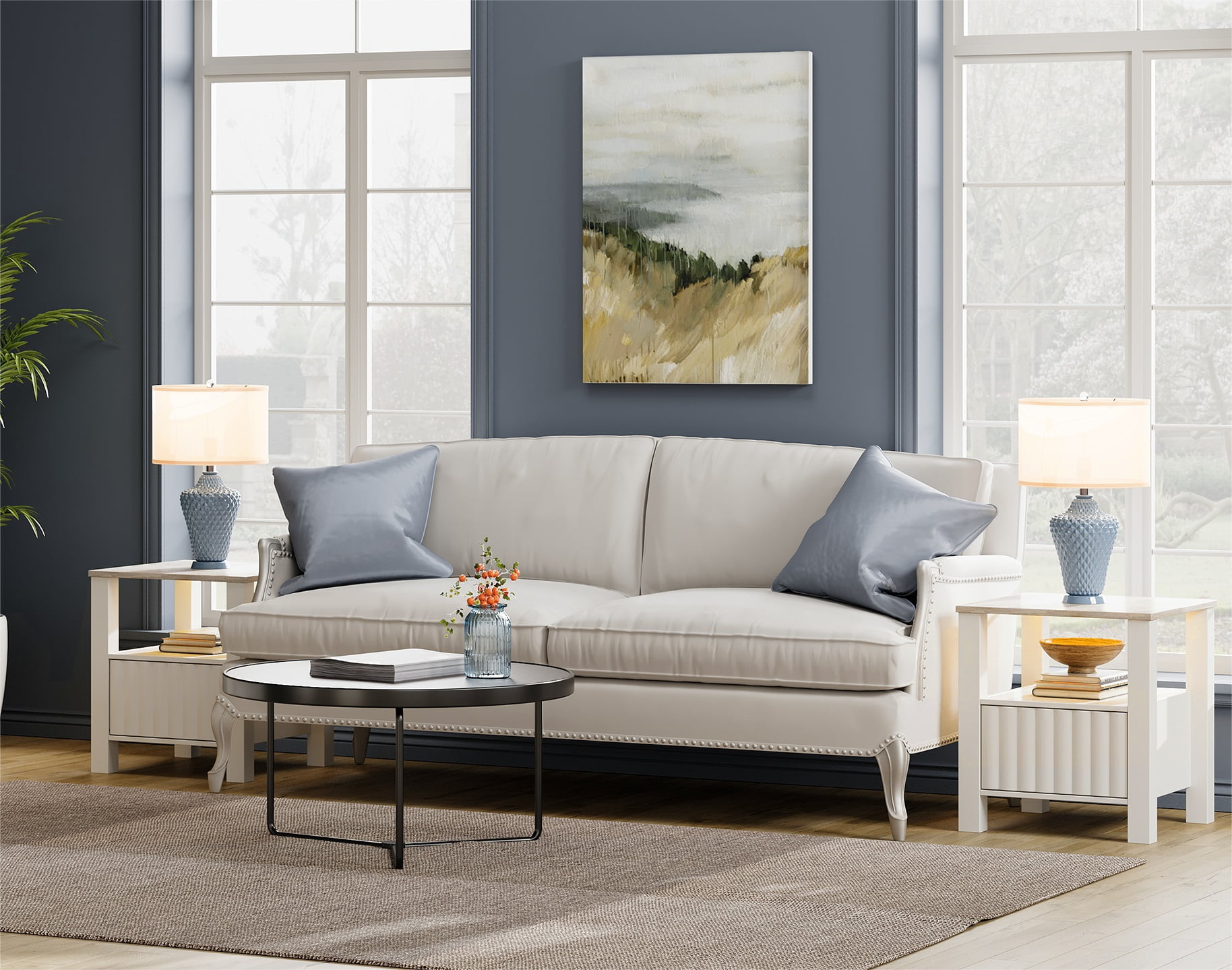 LED End Table with Door and Open Storage, White Modern Nightstands Side Table for Bedroom Living Room