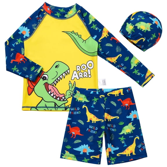 YDFCWXW Boys Two Pieces Swimsuit Set Long Sleeve Kids Rash Guard Dinosaur Boys Bathing Suit with Swim Cap for 2-14 Years (Navy, 13-14 Years)