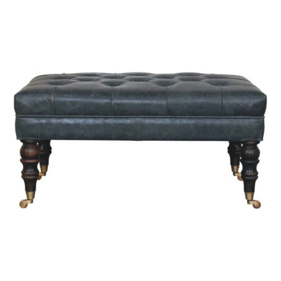 Lesuto Buffalo Teal Leather Ottoman with Castor Legs - Vintage Style, Wood