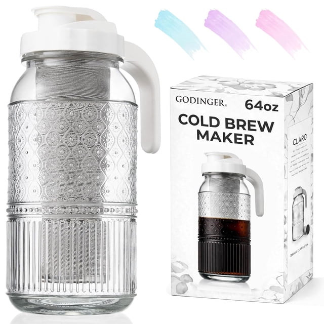 Godinger Cold Brew Coffee Maker 64 oz â?? Airtight Glass Mason Jar Pitcher Brewer with Leak-Proof Lid & Handle, Wide Mouth Iced Coffee Maker, Vintag