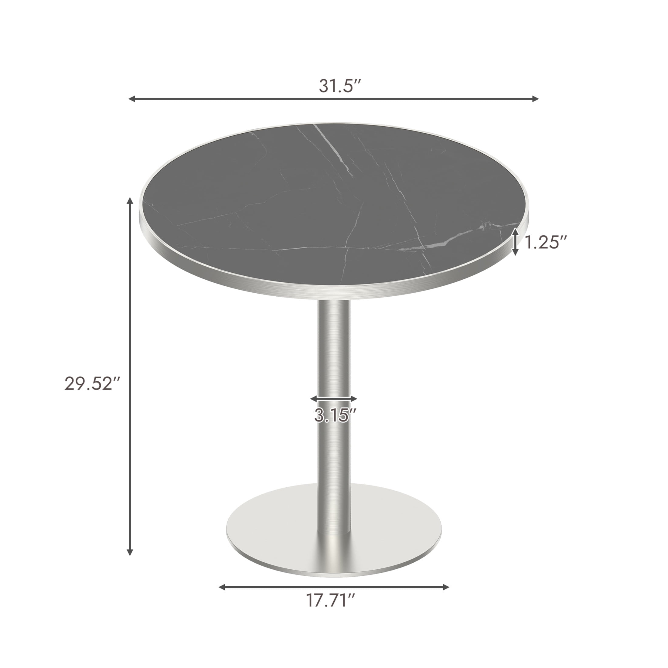 Noble House 31.5" Round Dining Table with Faux Marble Top, Luxury Bistro Table with Stainless Steel Legs, Black & Silver