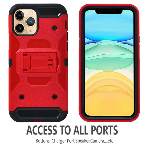 iPhone 11 Pro Max Case, STARSHOP Full Cover Heavy Duty Dual Layers Phone Cover with Kickstand and Locking Belt Clip-Red