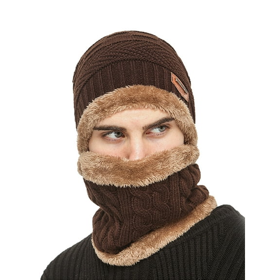 Viworld Men's Winter Knitted Hat Scarf Set Solid Plush Lined Windproof Beanie 2Pcs Warm Cap and Neckerchief