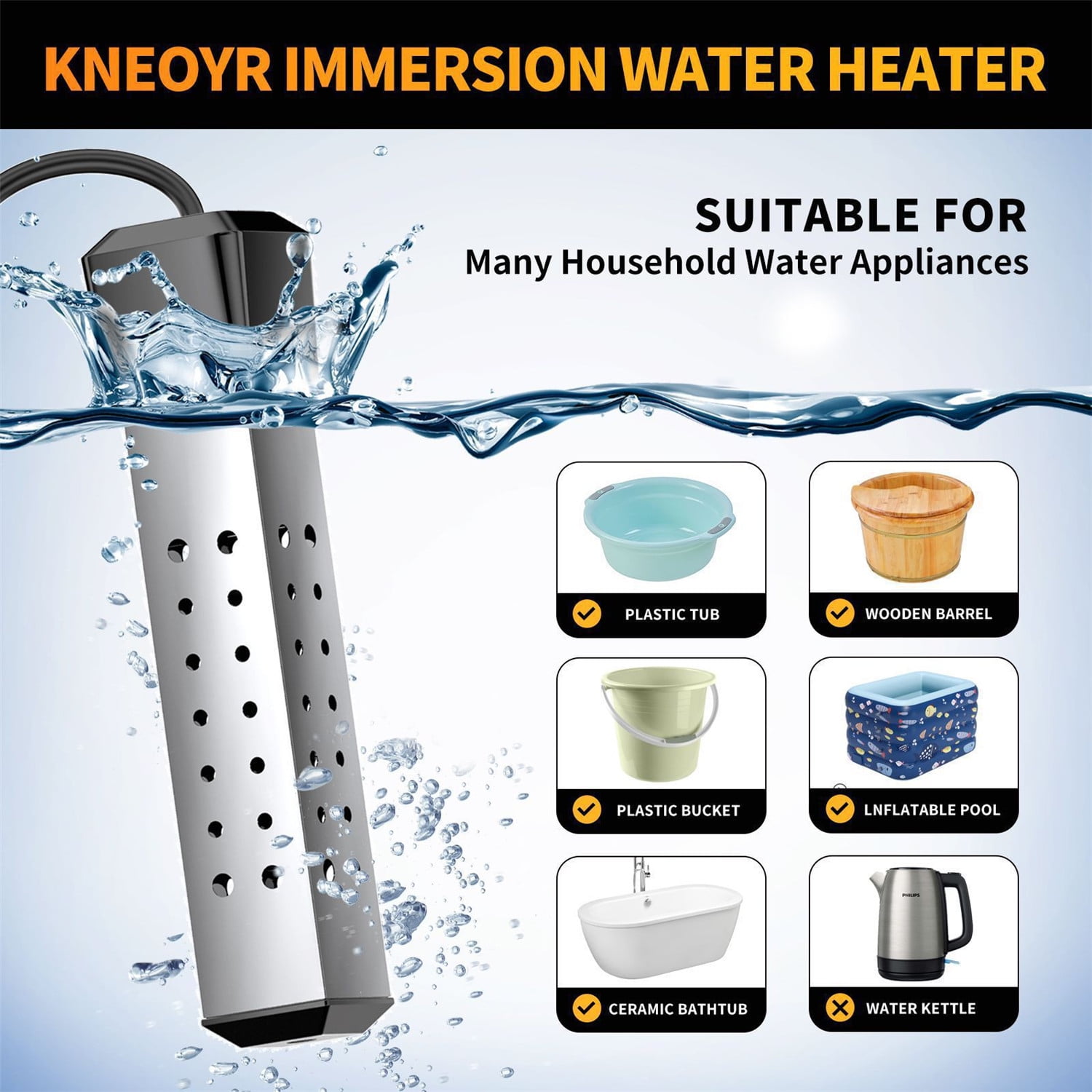 Immersion Water Heater with Temperature Control, 2000W Thermostat Portable Water Heater, Submersible Bucket Water Heater with Stainless Steel Guard, for Mini Pool, Bathtub, Travel