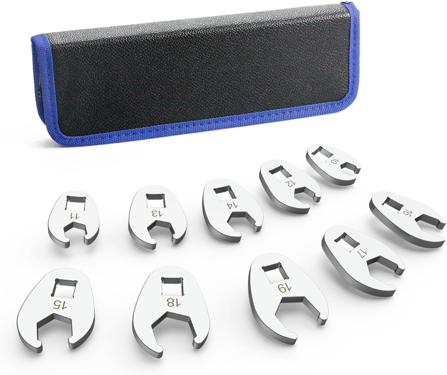 RGHJAR-3/8" Drive Flare Nut Crowfoot Wrench Set with Storage Pouch, Metric 10 Piece Cr-V Steel + Ni-Cr Plating 5 Point Grip Flare Nut Crow Foot Tool Set, 10-19 mm Crowfoot Wrench for Tight Spaces Car