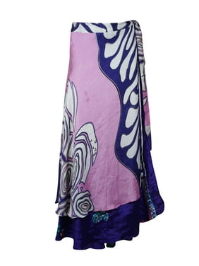 Mogul Women Vintage Silk Sari Magic Wrap Skirt Reversible Printed 2 Layer Sarong Beach Wear Cover Up Long Skirts One Size