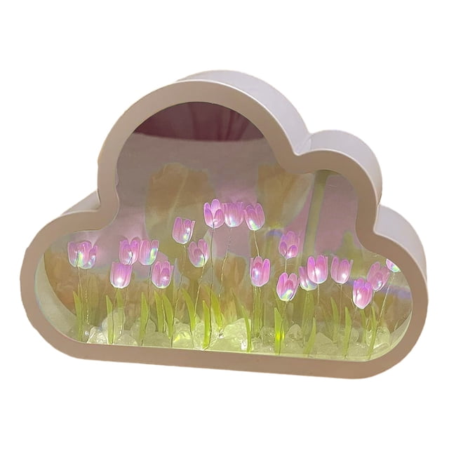 Lámpara de mesa con 20 flores LED, decoración DIY, espejo con tulipán morado, luz de noche