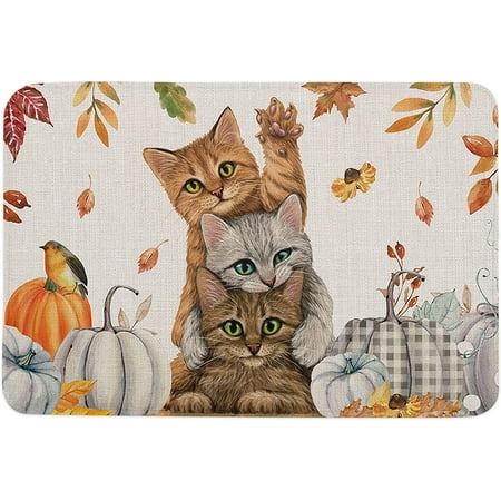 

Thanksgiving Day Indoor Door Mat Entryway Rug Anti-Skid Doormat Decorative Absorbent Washable Floor Mat for House Patio High Traffic Areas Decorch Cute Cats Rustic Maple Leaves Pumpkins 20x32 Inch