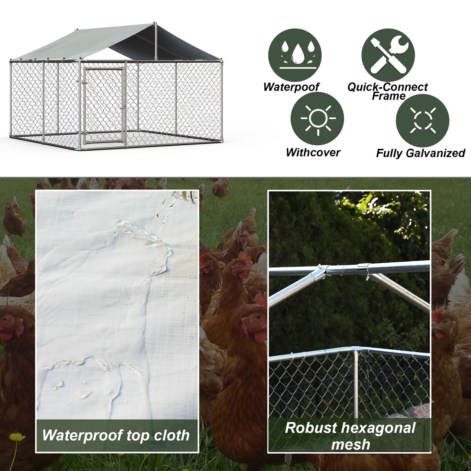 Large Outdoor Dog Kennel, Heavy Duty Galvanized Steel Dog Enclosure with Waterproof UV-Resistant Cover, Lockable Door Chain Link Playpen for Large Pets (118" L x 118" W x 71" H)