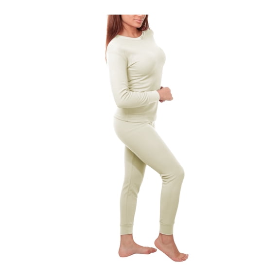 Women's Cotton Waffle Knit Thermal Underwear Stretch Shirt & Pants 2pc Set (Cream, S)