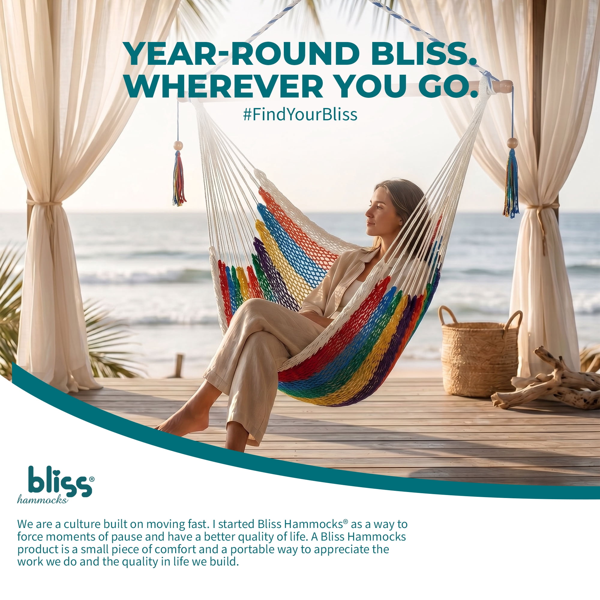 Bliss Hammocks Island Rope Hammock Chair W/ Spreader Bar - Multi-Color, 60" L x 40" W