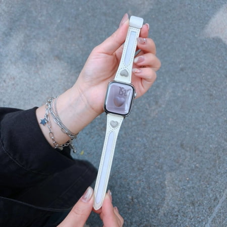 Dwitch Genuine Leather Watch Band with Magnetic Clasp for iWatch Series 10 9 8 7 6 5 4 SE 3 2 1, Fashion Leather Magnetic Band Heart Accent Strap for Apple Watch 38mm 40mm 41mm 42mm for Women,White