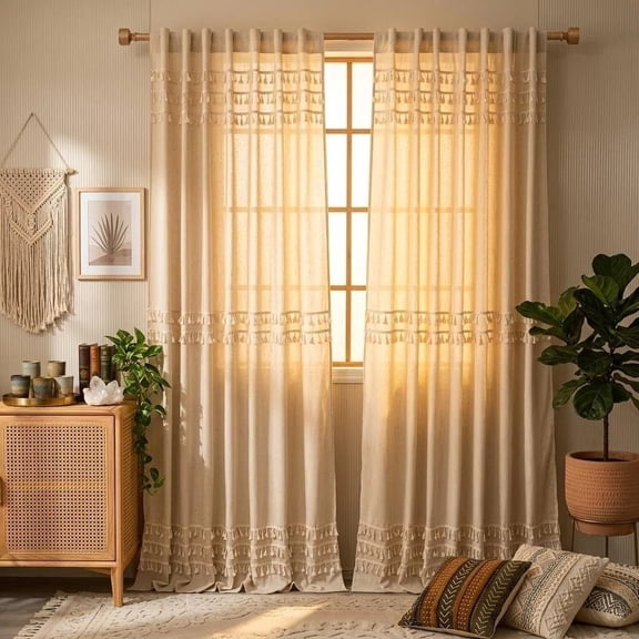 Alishomtll Boho Curtains for Living Room Semi Blackout Curtains with 8 Tassel Window Drapes Back Tab ,Natural，52"Wx84"L，2 Panels