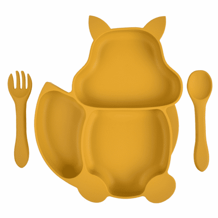 

JUSTUP Baby Silicone Divided Plates Large Squirrel Shaped 3-Compartment Tray With Spoon and Fork for Toddlers Kids Training Eating，Squirrel Dinner Plate + Wooden Handle Spoon + Fork（Y17）