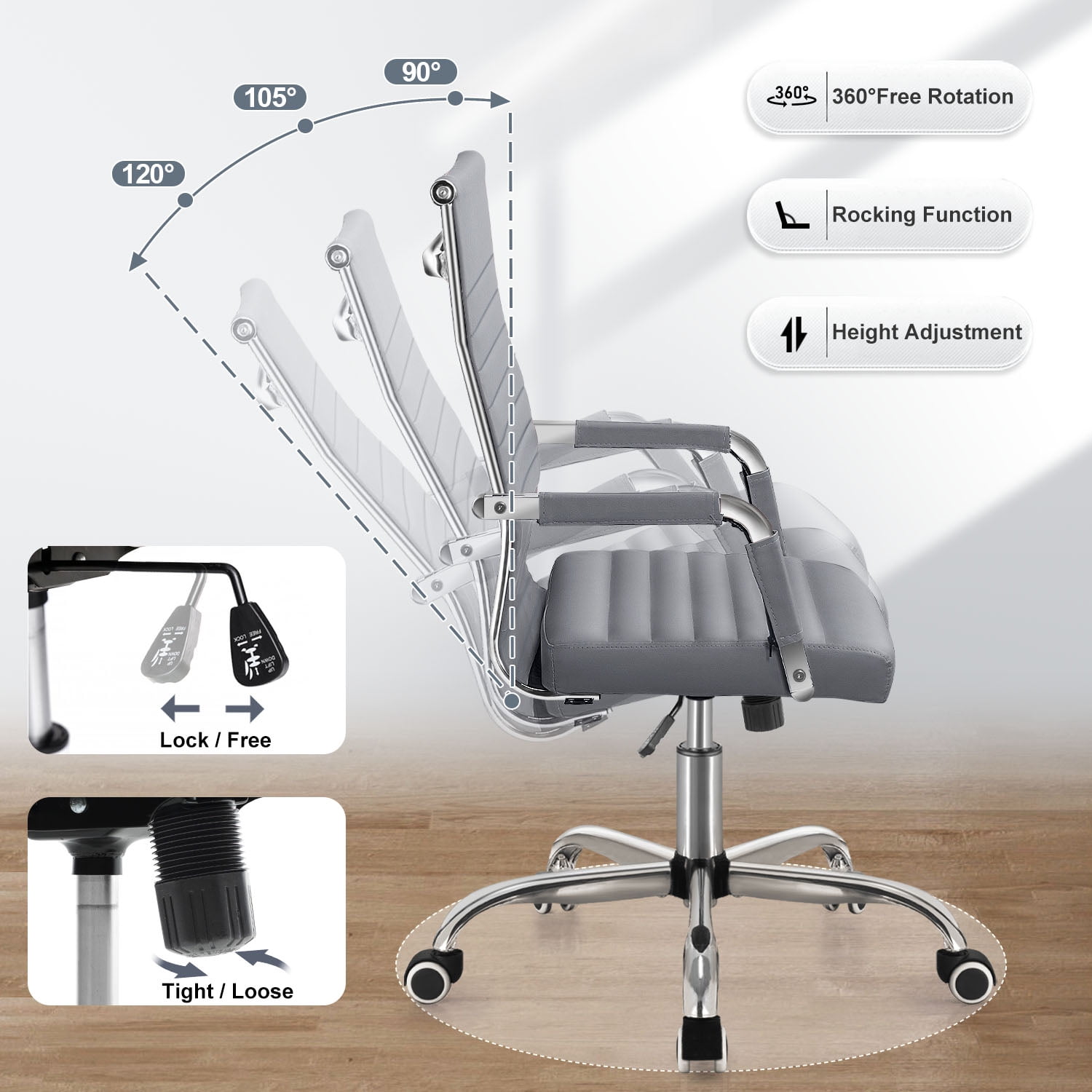 Lacoo Mid-Back Faux Leather Office Desk Chair Executive Conference Task Chair with Arms, Gray