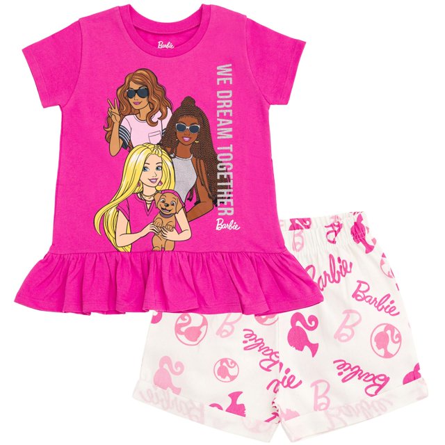 Conjunto de pantalones cortos Barbie Peplum para niñas pequeñas, rosa intenso, 2T