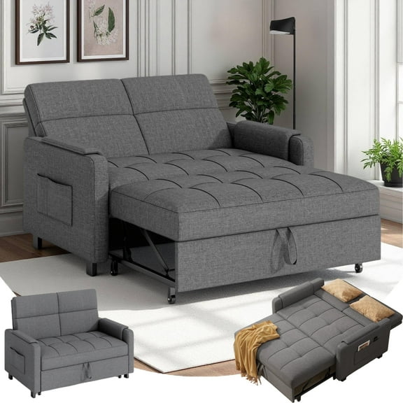 Futon Sofa Bed, Lofka 3 in 1 Convertible Loveseat, Pull Out Recliner Sleeper with Adjustable Backrest for Living Room|Guests Room|Apartment, Linen Fabric, Dark Gray