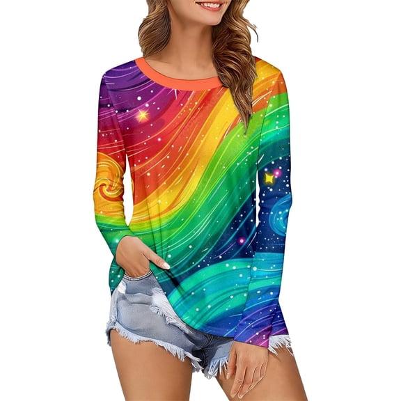 Women's Long Sleeve Shirt Colourful Rainbow Print T-Shirt Round Neck Tops 70s Hippie Carnival Fancy Dress Outfit Tunic Blouse Casual Streetwear