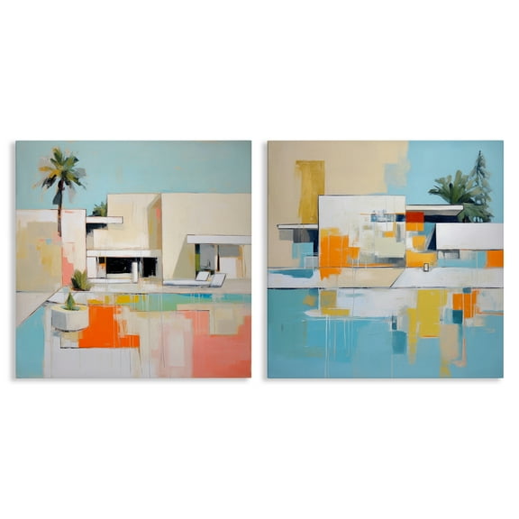 Stupell Industries Abstract Modern Tropical House Buildings & Architecture Painting Wrapped Canvas Art Print Wall Art, 17 x 17, Set of 2