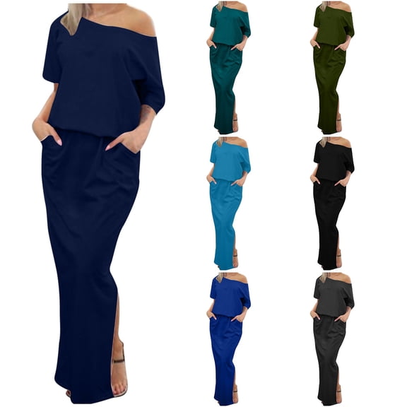 Antinious Ladies Summer Dress,Elegant Dresses for Women,Evening Dresses for Women Solid Short Sleeved Ankle Casual Pocket Off the Shoulder Dress,Dark Blue,S