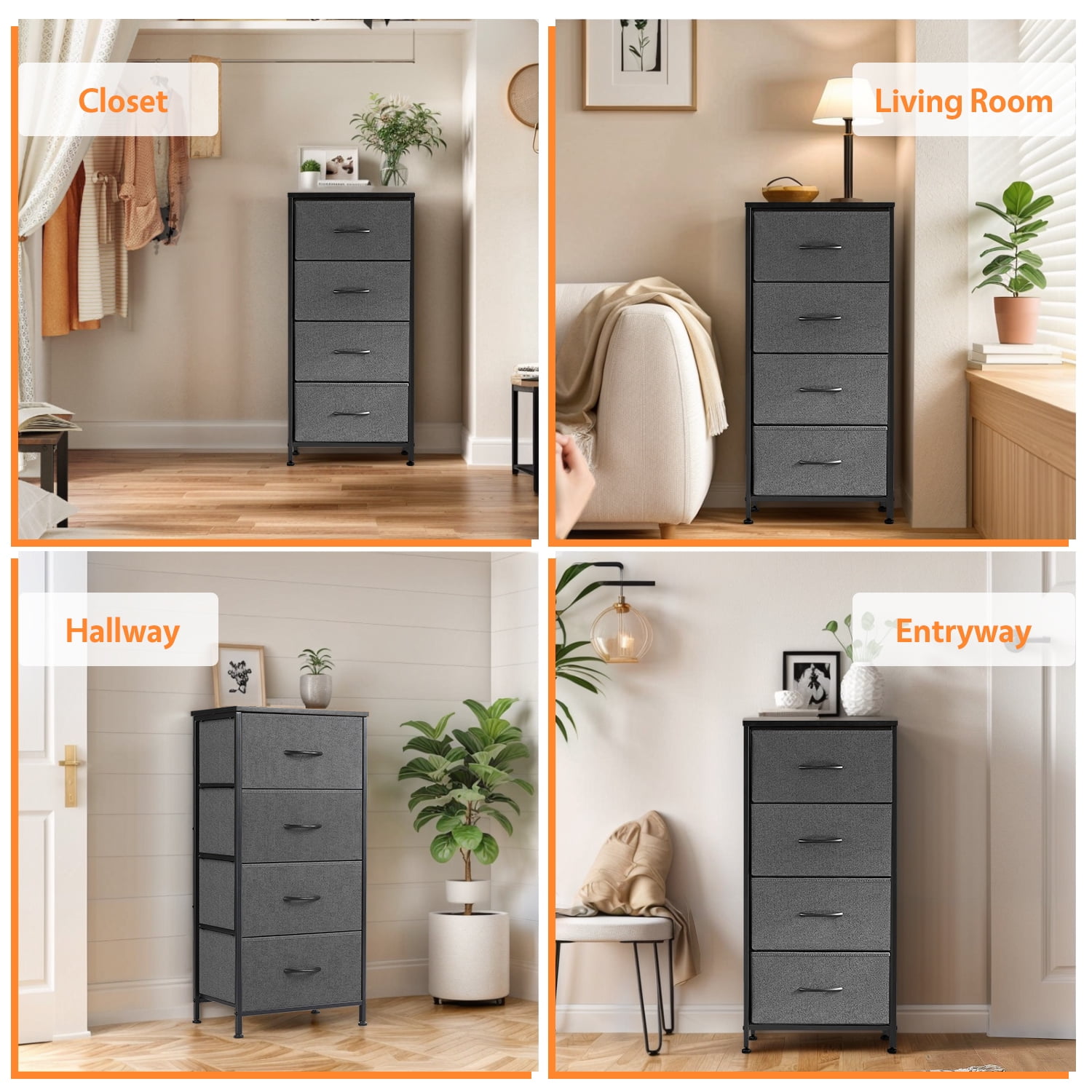 Modern 4 Drawer Fabric Dresser, Chest of Drawer Organizer Storage Cabinet for Bedroom Clothes Closet, Entryway,Gray