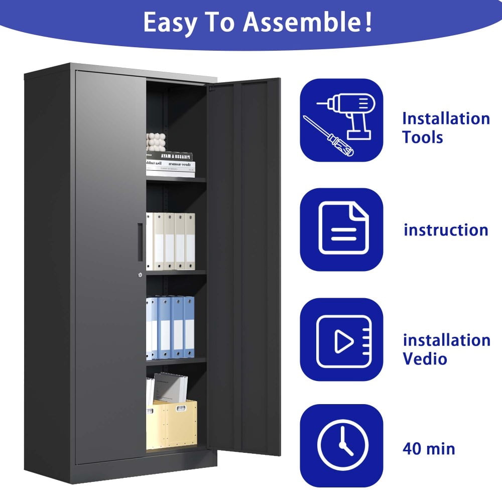 71"H Metal Garage Storage Cabinet, Tool Steel Locking Cabinet with Doors and 3 Adjustable Shelves,for Home Office,Classroom,Pantry,Black