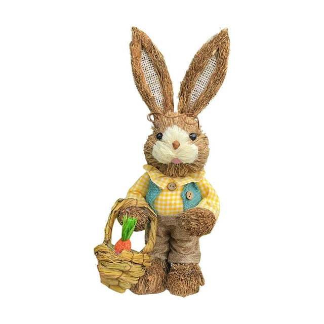 Estatuilla de conejo tejida de paja de pie, estatua de conejo, escultura de Pascua, accesorios de fotografía, manualidades para jardín, escritorio, Chico Ropa Amarilla perfecl Conejo de Pascua de paja